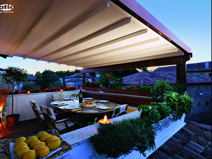 wood pergola over residential dining area outside